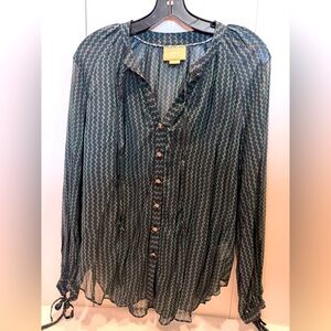 Maeve Green Zigzag Sheer Button-Front Blouse with Tie Cuffs